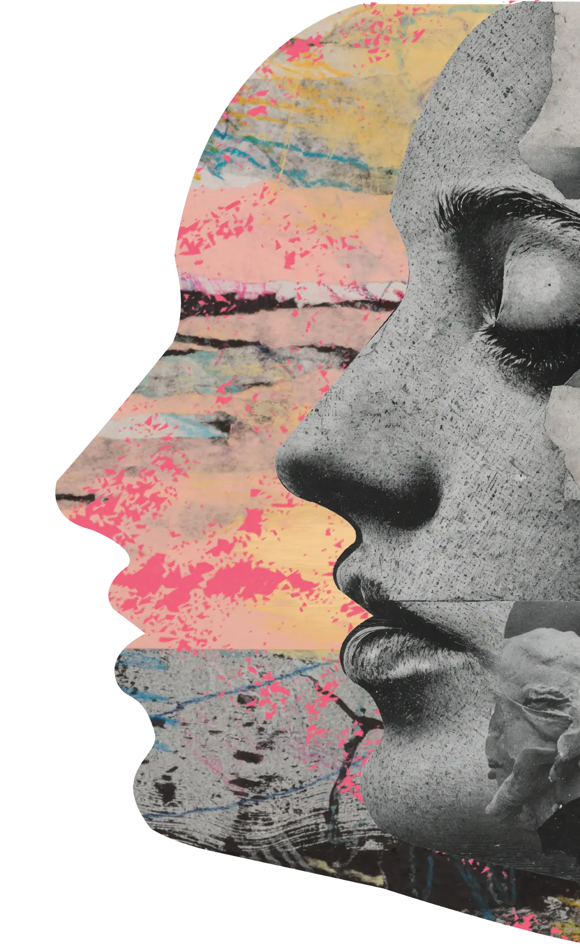 Collage portrait of a woman's profile in silhouette facing left, built from torn black and white photographic fragments and pastel strokes of pink, yellow and blue