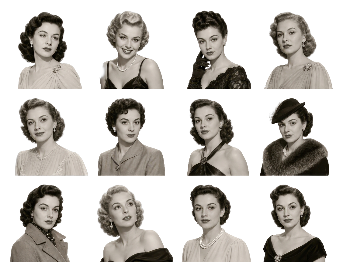 Twelve vintage portrait photographs of women in three rows, each row's faces struck through with a black crayon line