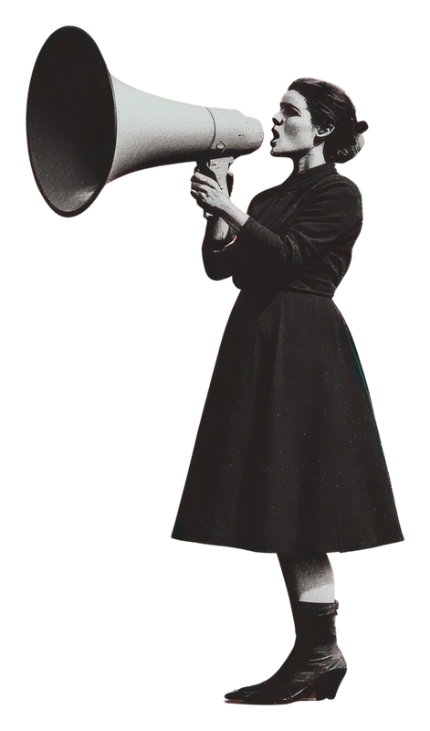 Vintage illustration of a woman in profile holding a megaphone up to her mouth